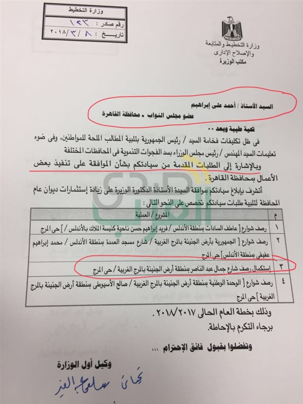 النائب احمد علي توفير ثلاث ملايين جنيه لرصف منطقة ارض الجنينة بعزبة النخل